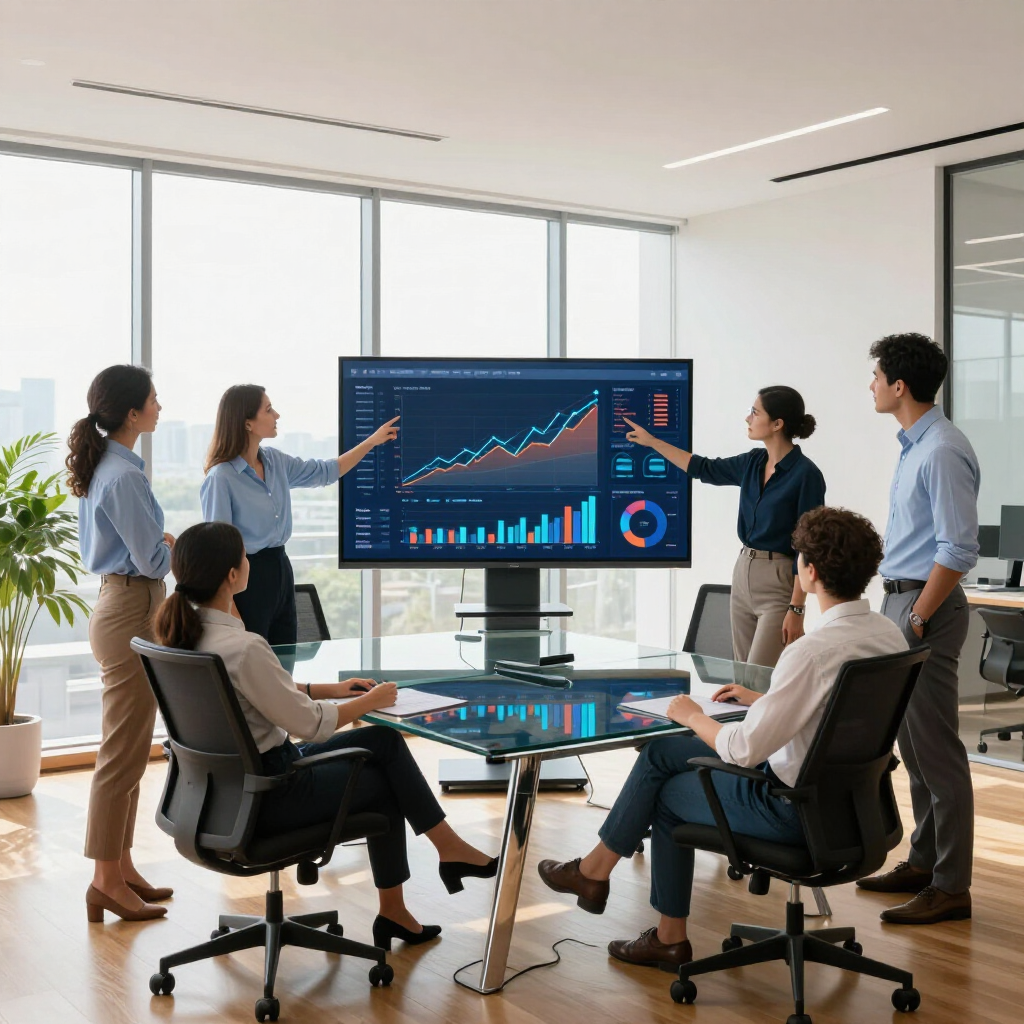 Team meeting in a bright office, with people gathered around a large screen showing business charts and graphs.