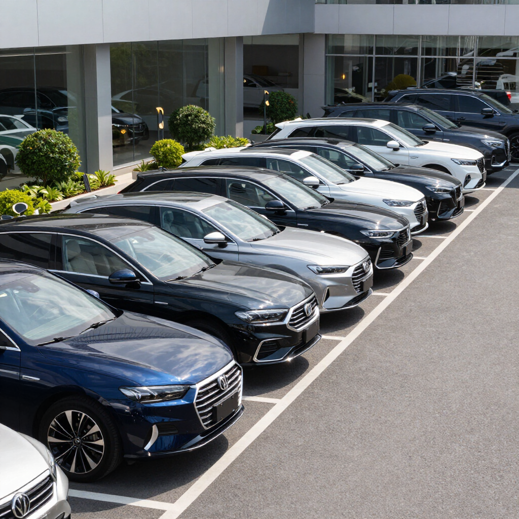 Row of parked new sedans outside a dealership on a sunny day