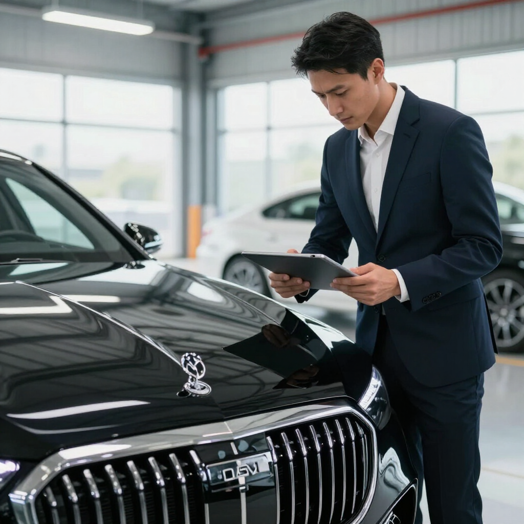 Man in a dark suit inspecting a black luxury car with a tablet in a bright showroom