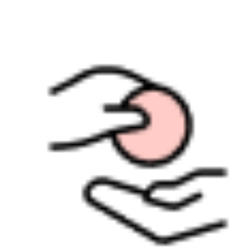 Hand giving a pink coin to another hand, representing a donation or exchange.