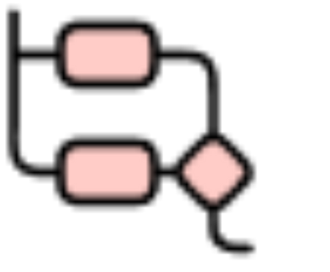 Two pink rectangles and a pink diamond shape connected by black lines.