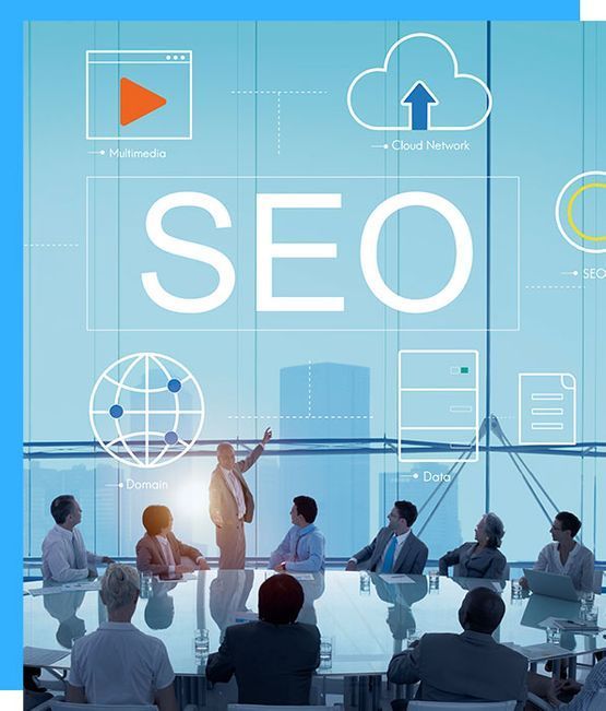 Meeting discussing SEO strategy with graphic icons overlaid on background.