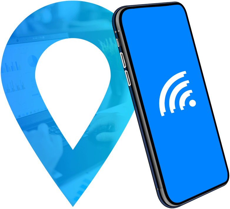 Blue location pin and smartphone with WiFi signal icon.