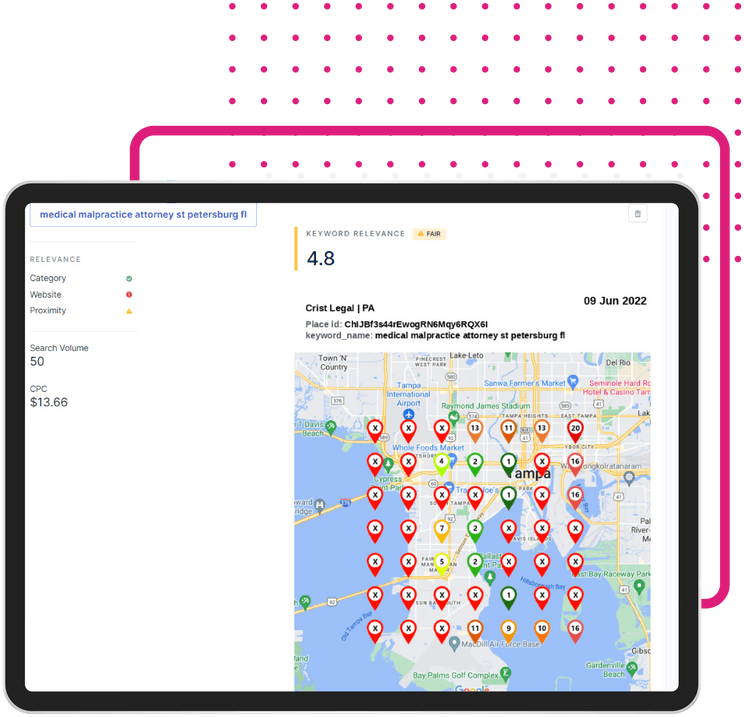 Tablet screen showing map with pins, ratings and search details.