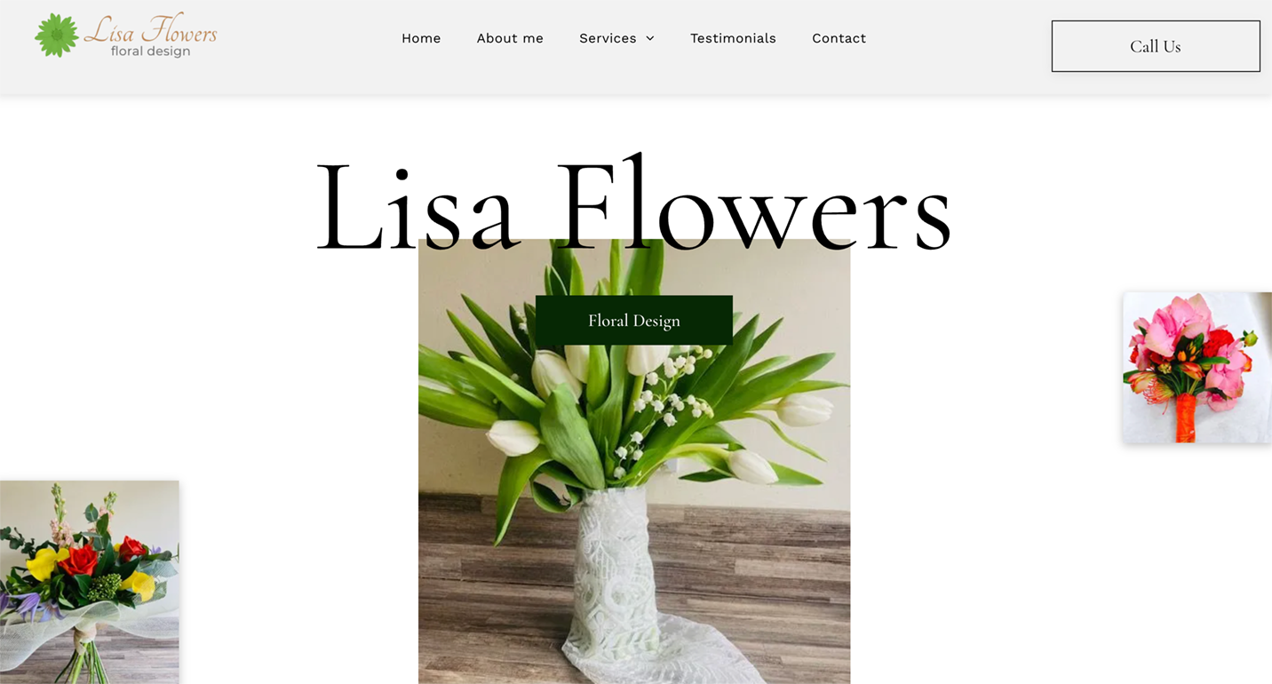 Lisa Flowers website homepage showing a bouquet of white tulips and a smaller bouquet.