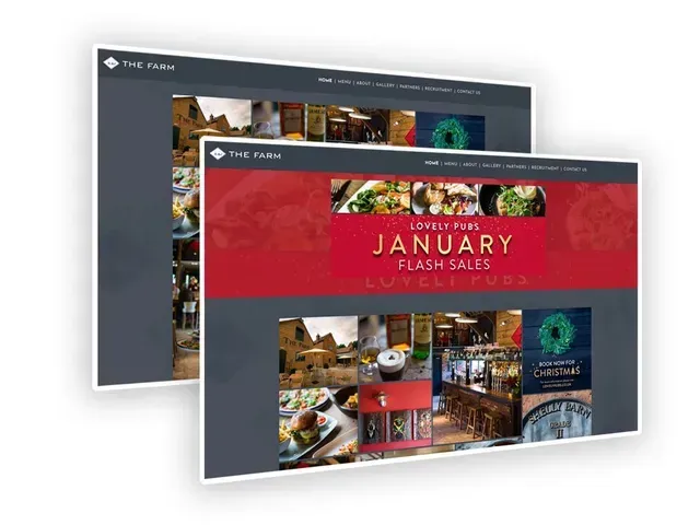 Two digital displays advertising January flash sales at The Ivy with photos.