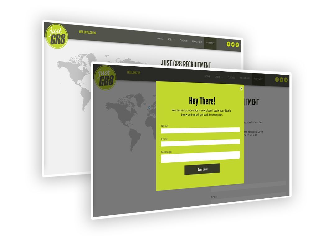 Two website mockups, one with a form, green and gray design, world map background.
