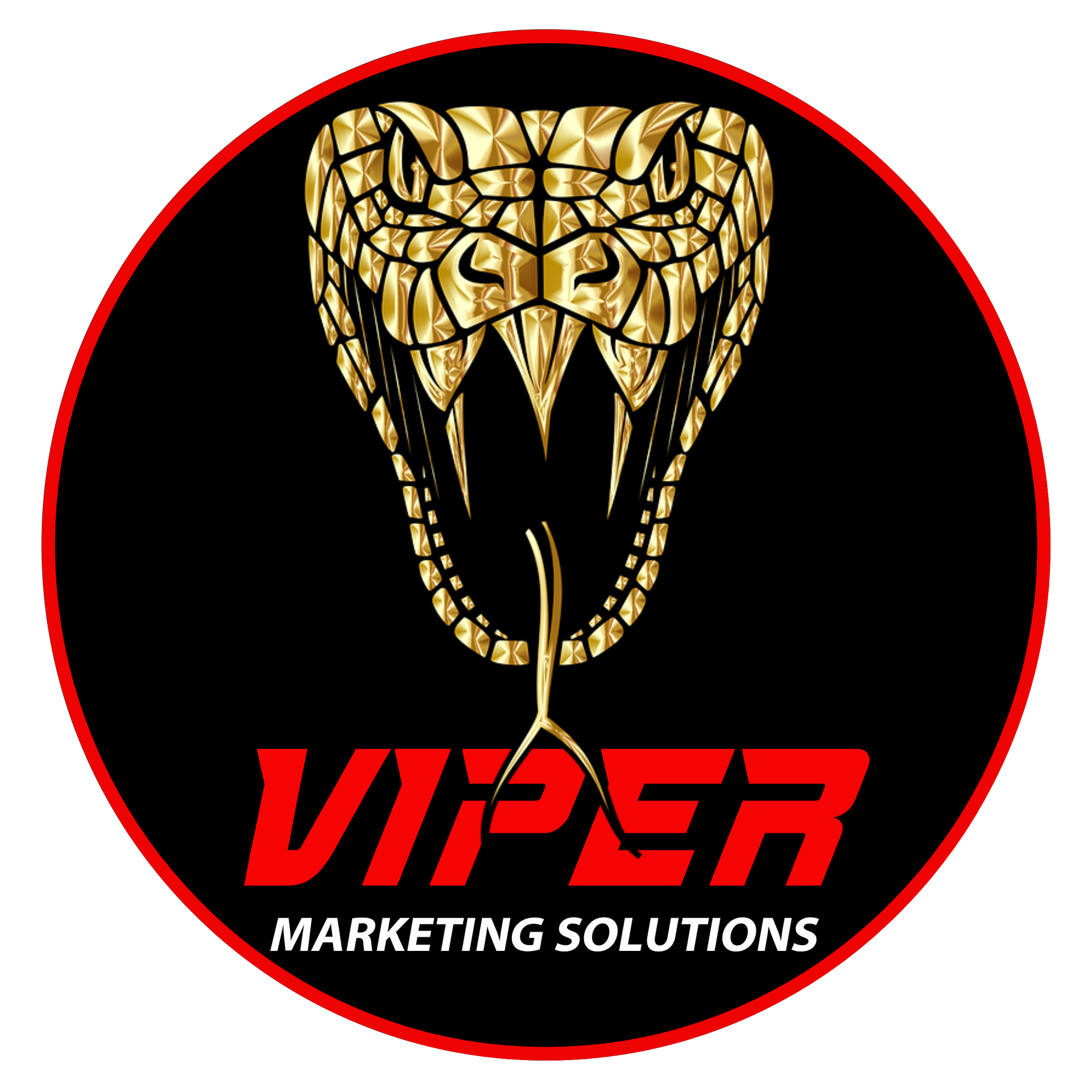 Golden viper head inside black circle with red text: 