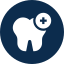 Blue dental icon with a white tooth and small medical cross in the corner