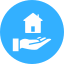 White house in a hand over a blue background, suggesting home care or support