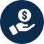 White dollar sign above a hand holding a coin on a dark blue background