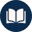 Open book icon in a dark blue circle