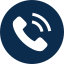 White phone handset icon inside a dark blue circle with radiating signal lines.