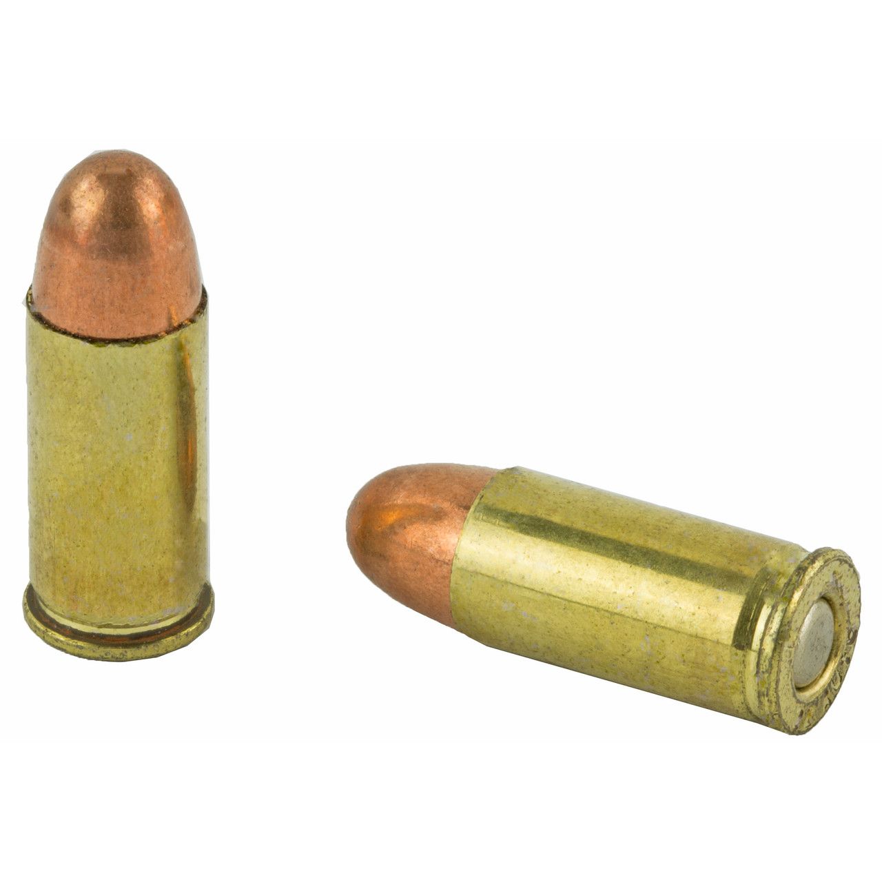 Two brass bullets with copper tips on a white background