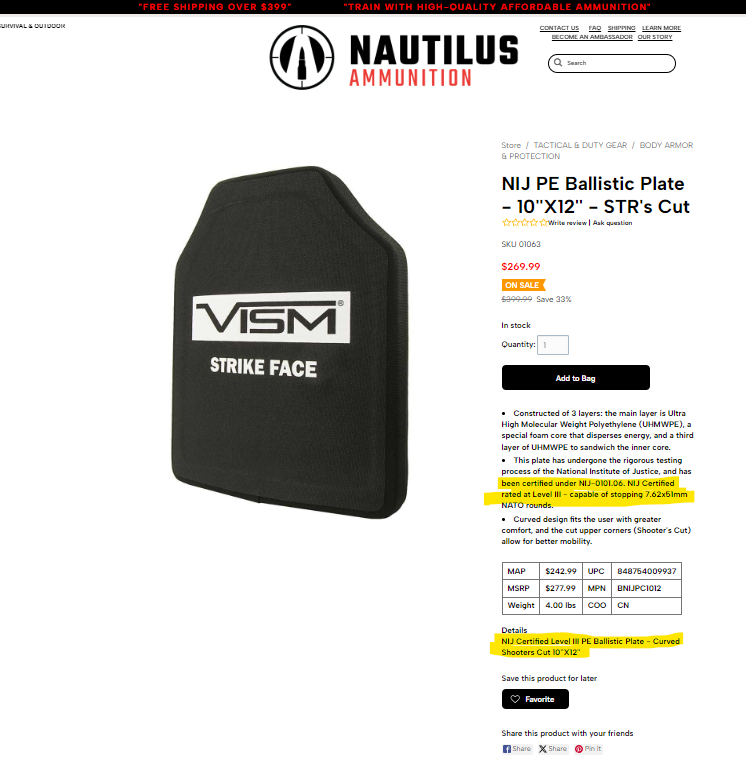 A picture of a ballistic plate on a website.
