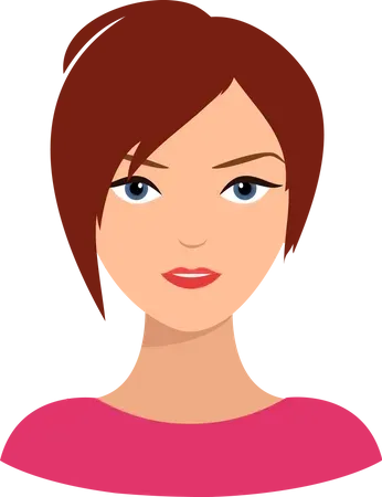 A woman with short brown hair and blue eyes is wearing a pink shirt.