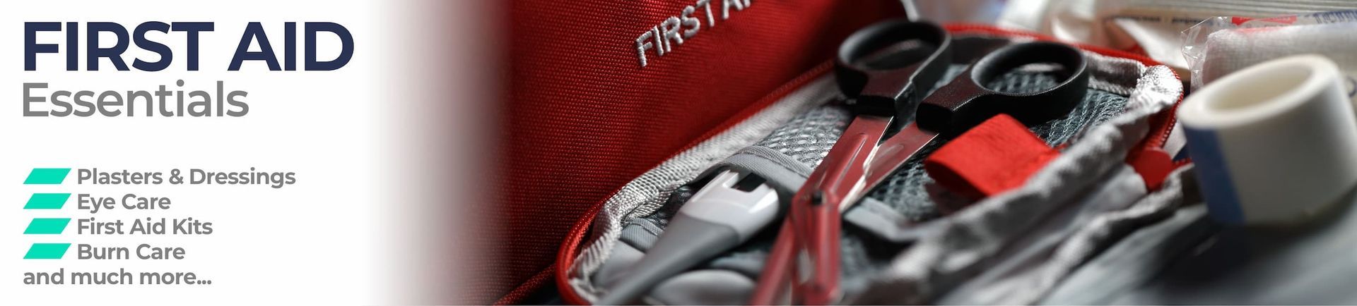 A picture of a first aid kit with the words first aid essentials on it