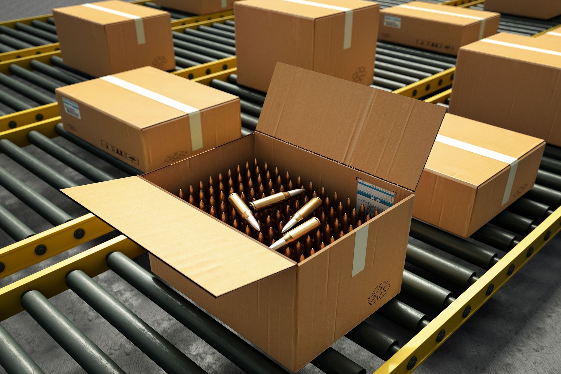 A cardboard box filled with bullets on a conveyor belt