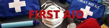 A first aid kit with a mask on it is sitting on a table.