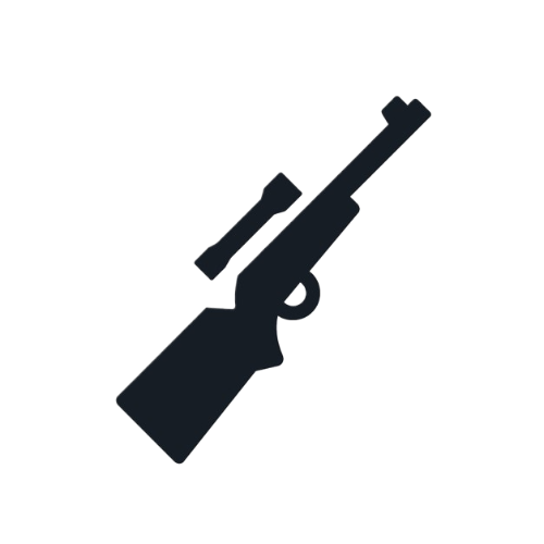 A black and white silhouette of a revolver on a white background.