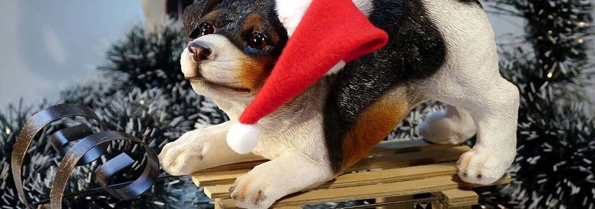 Dog figurine with a Santa hat in a festive setting.