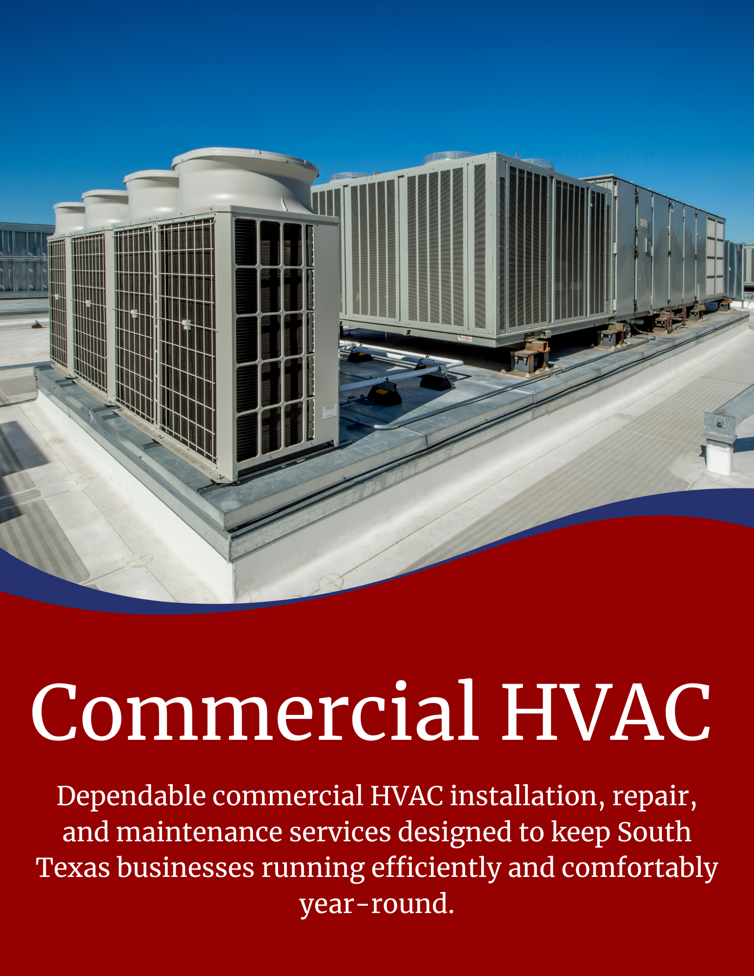 Commercial HVAC units on a rooftop, with text: 