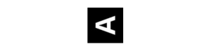 A black and white logo with a white arrow pointing to the left.