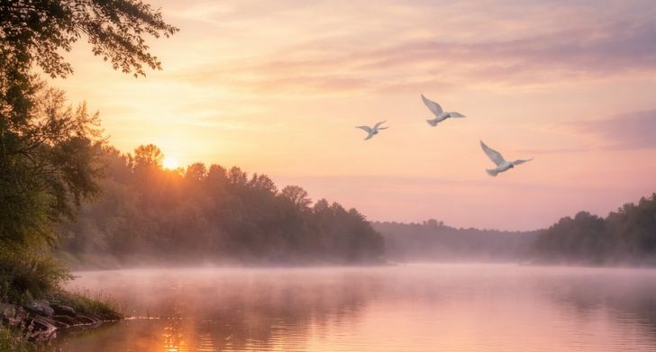 a tranquil lakeside at sunrise, with calm water reflecting pastel skies and a few white doves flying
