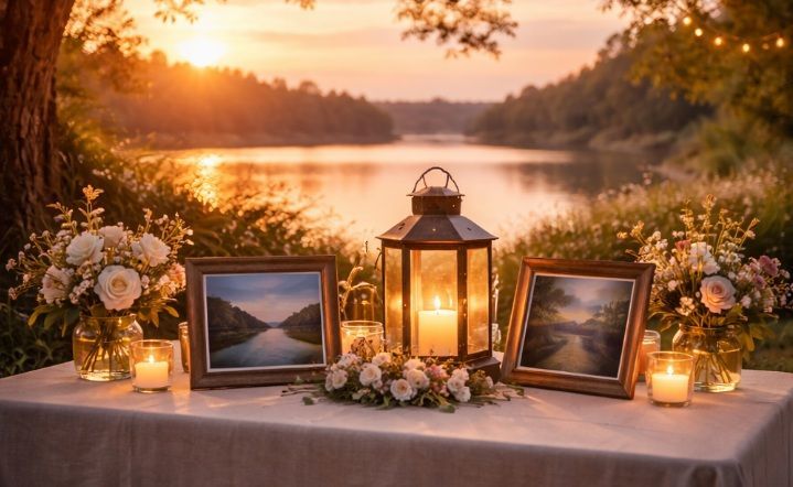 a sunset with a memory table arranged tastefully under a large tree in Plymouth Township