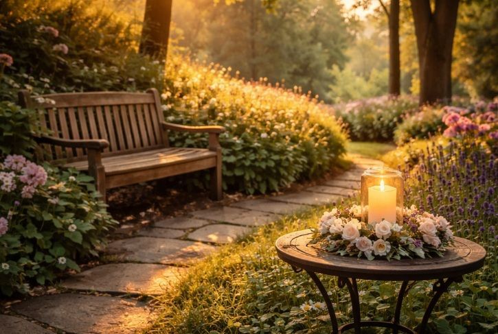 a peaceful memorial garden at golden hour, with soft sunlight filtering through tall trees in Plymou