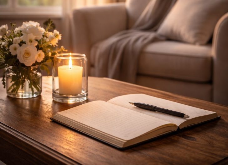 a softly lit living room during early evening in Plymouth Township
