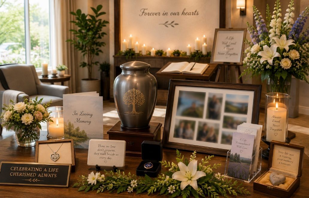 Memorial display with urn and flowers for cremation services Plymouth Township, MI