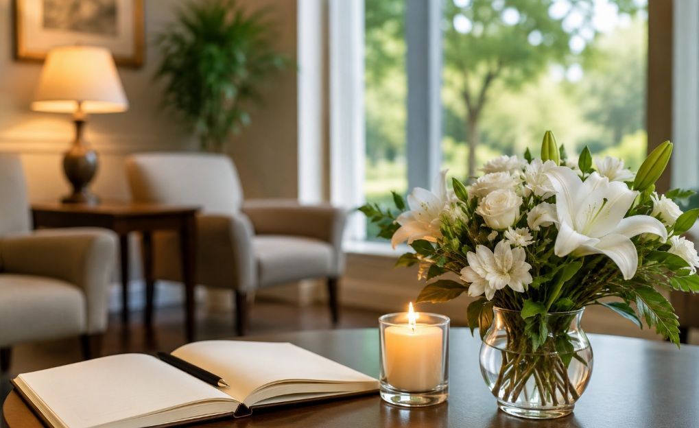 white flowers, a glowing candle, and a comforting atmosphere at a funeral home in Plymouth Township,