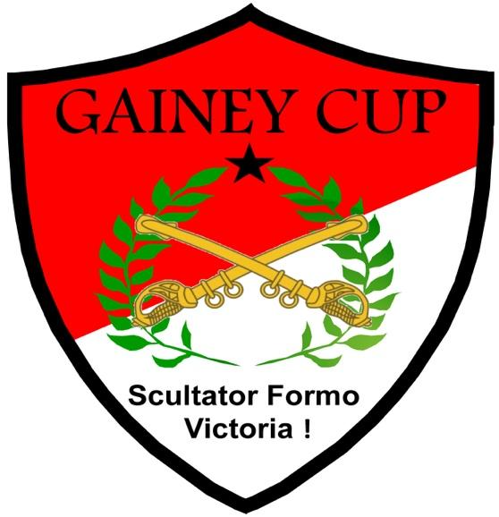 A red and white shield with the words gainey cup on it