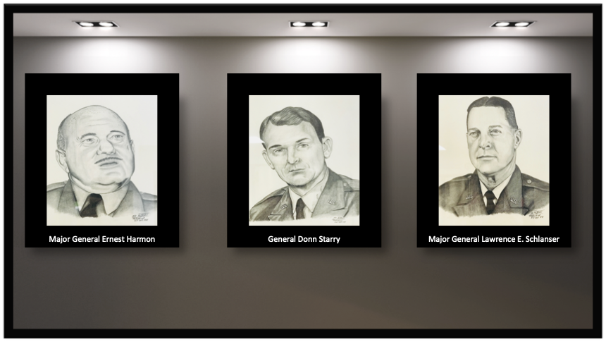 Three portraits of three men are hanging on a wall.