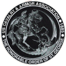 The logo for the us cavalry and armor association is a statue of a man riding a horse.