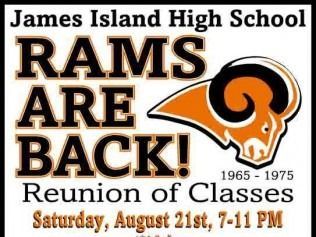 James Island High School reunion announcement with a ram logo, 