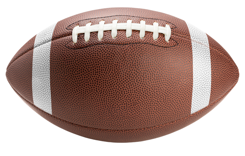 Brown and white football with laces and stripes.