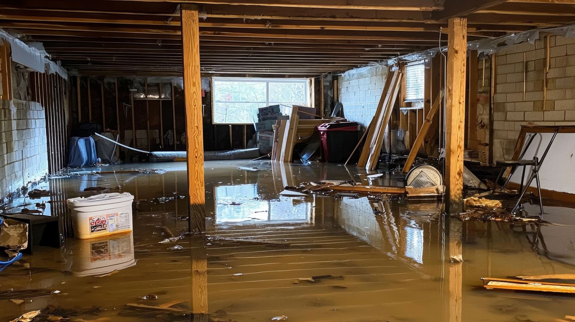 Flooded basement with standing water, debris, and exposed wooden beams.