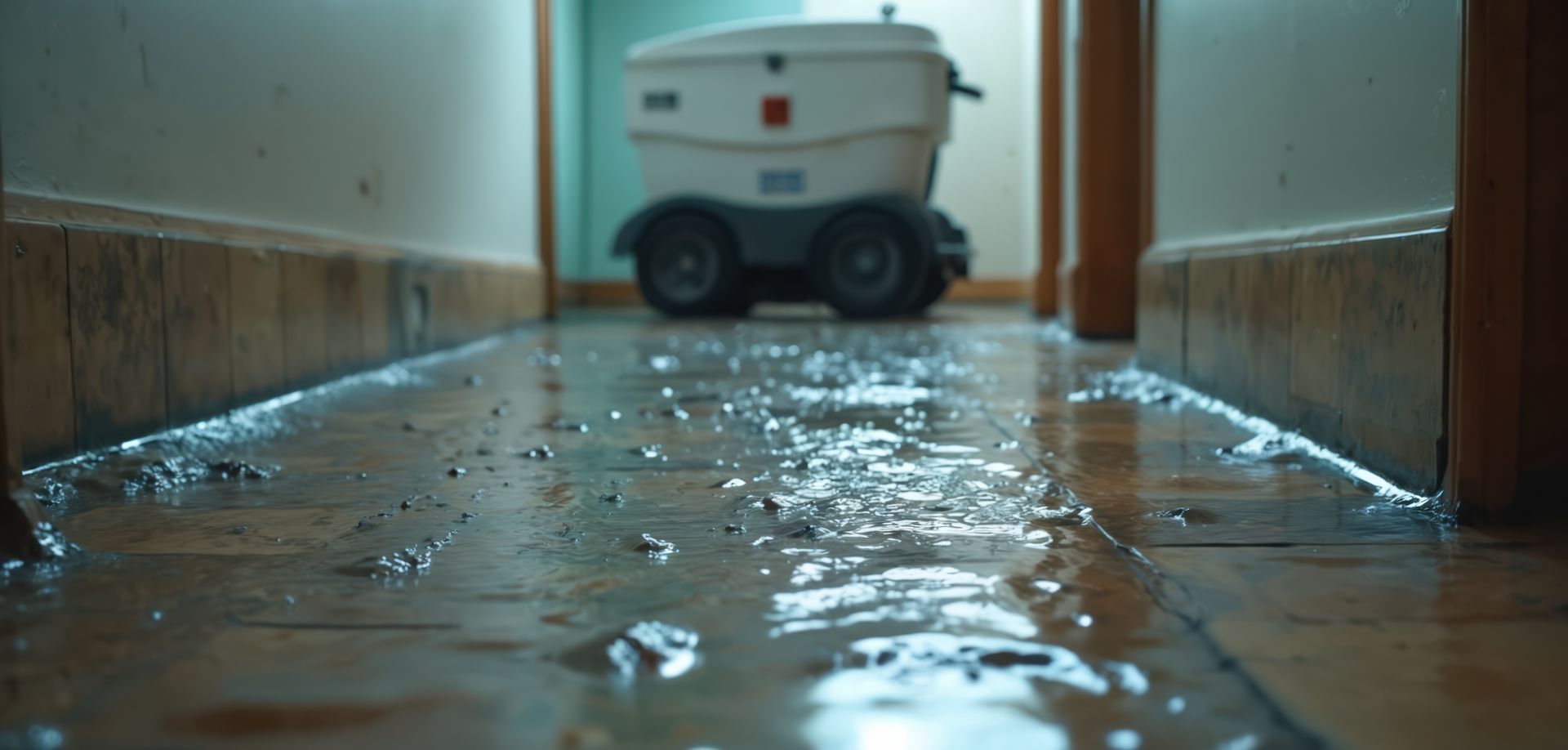 Floodwater pooling in a hallway, with a wheeled cleaning machine in the background.