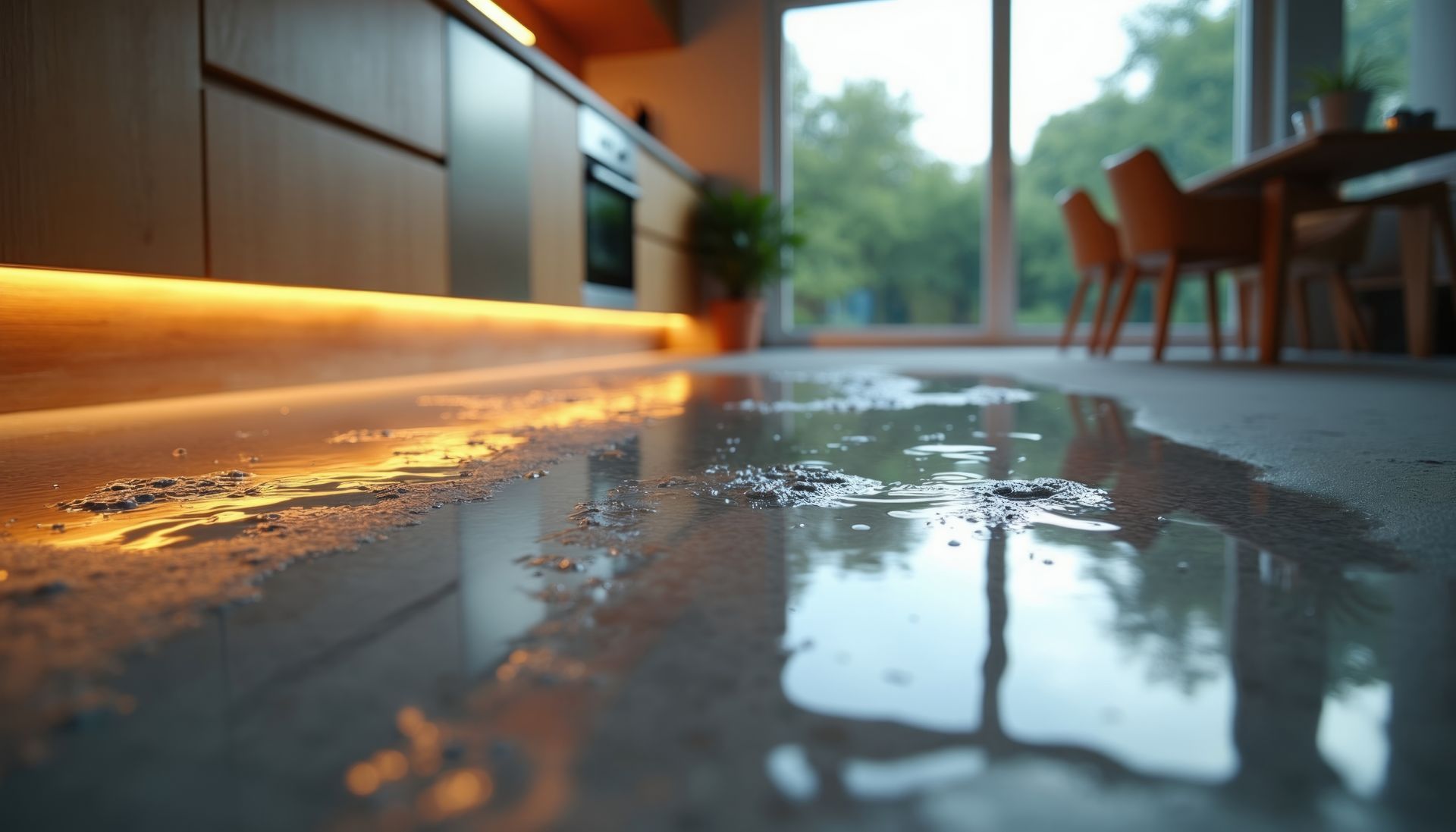 Water pooling on a kitchen floor beside cabinets, reflecting warm under-cabinet light and a dining area.