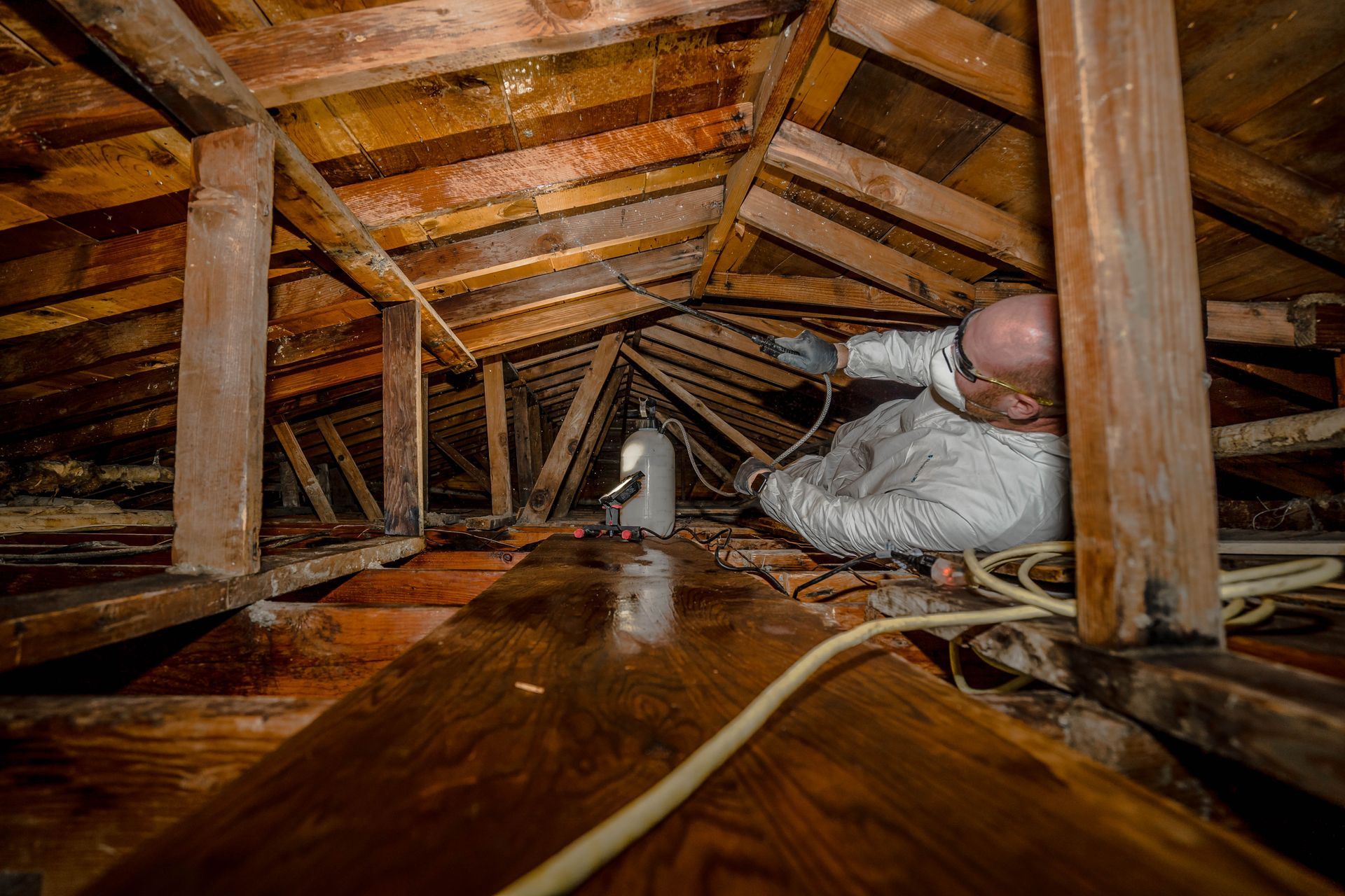 Mold remediation technician treating attic surfaces with cleaning solution. Mold remediation technician treating attic surfaces with cleaning solution.