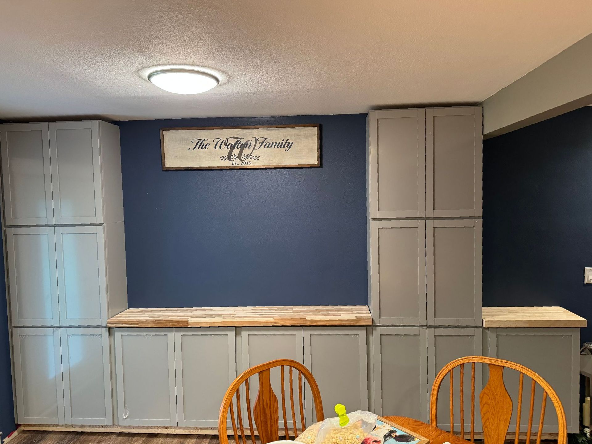 A office breakroom with a table and chairs and a blue wall.