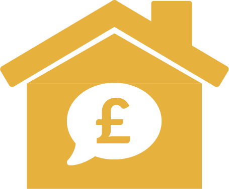 A yellow house with a white speech bubble with a pound sign inside of it.