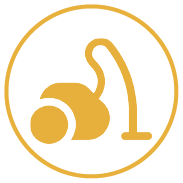 A silhouette of a person holding a vacuum cleaner in a circle.