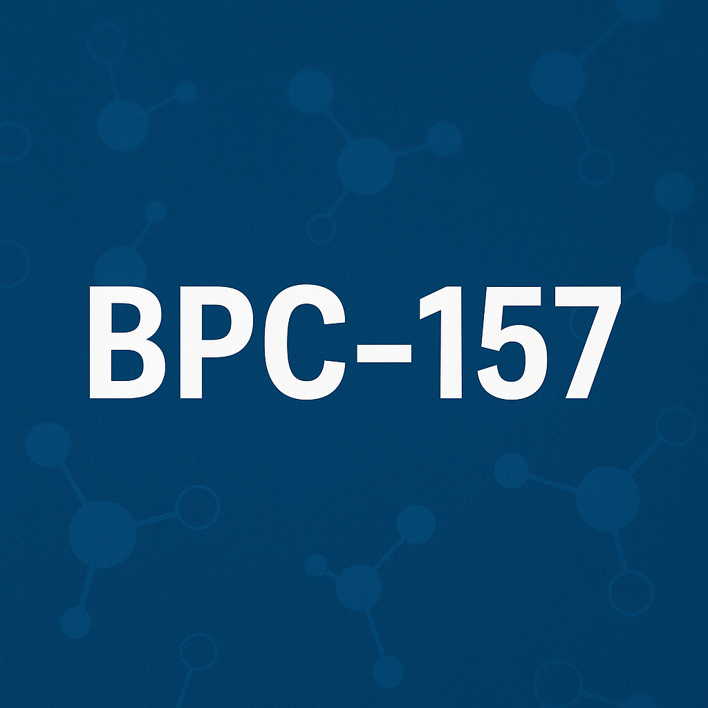 BPC-157 text in white on a blue background with molecular shapes.
