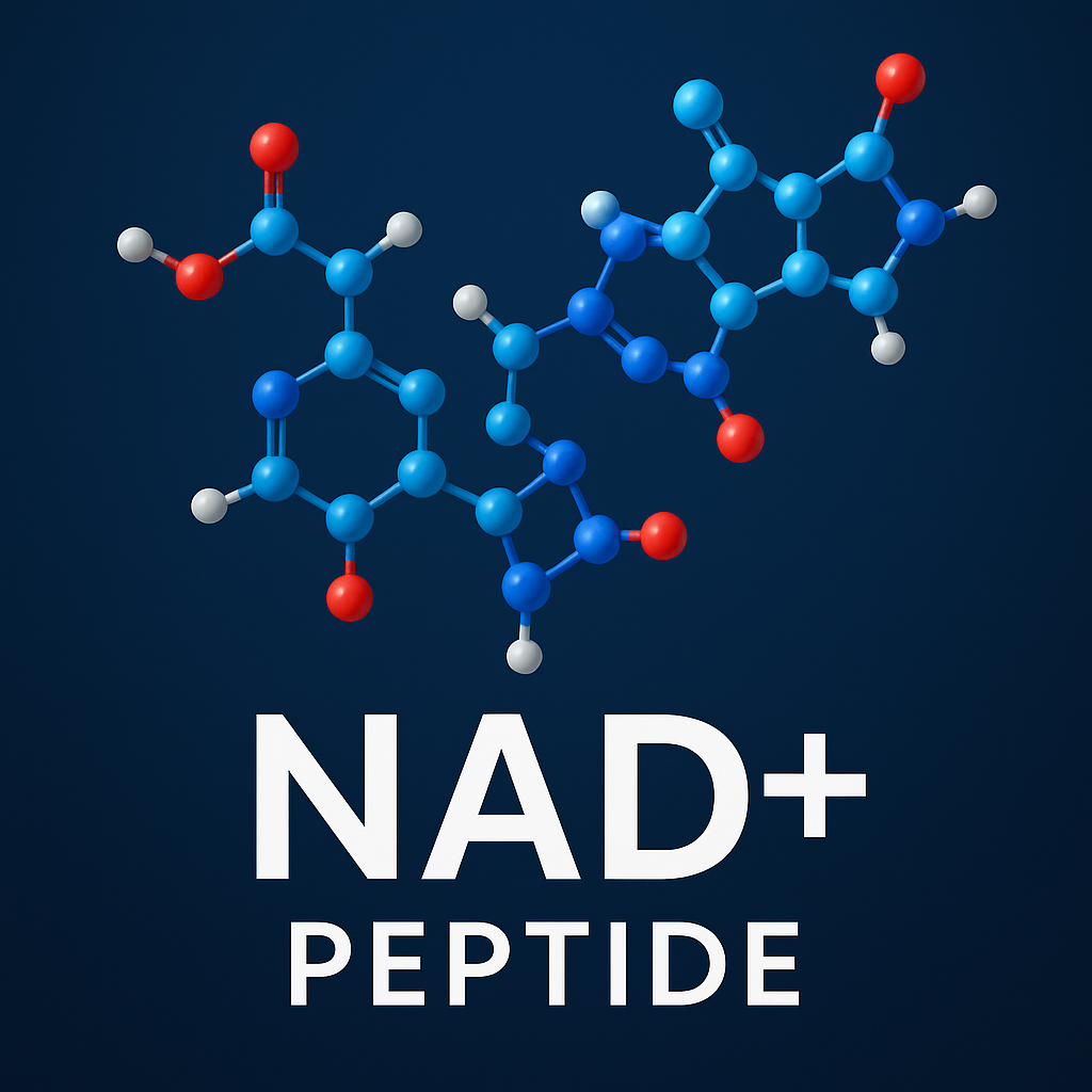 Molecular structure of NAD+ Peptide, blue and white with red oxygen atoms, on a dark blue background.