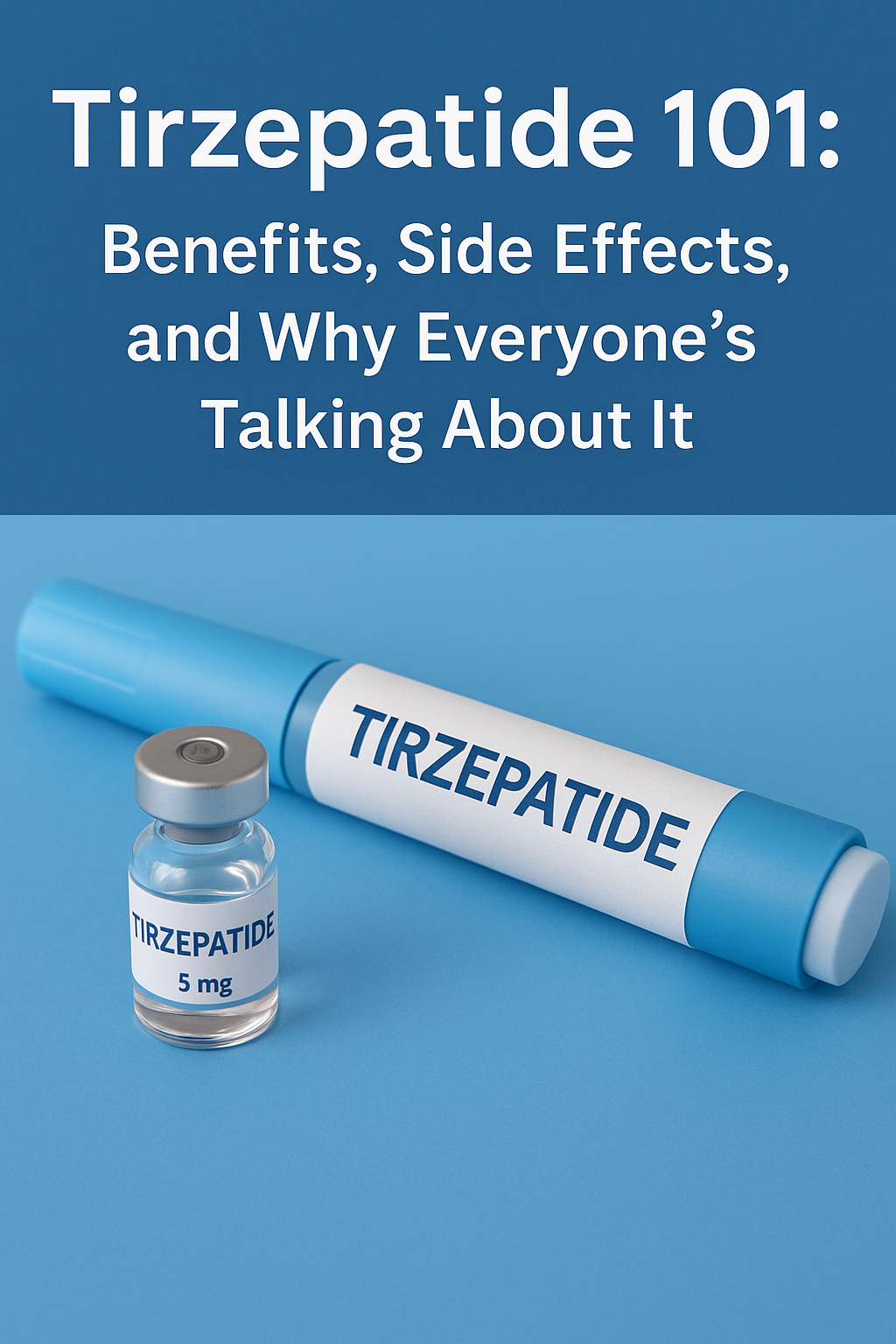 A blue background with text about Tirzepatide. It shows a vial and a pen-like injector labeled