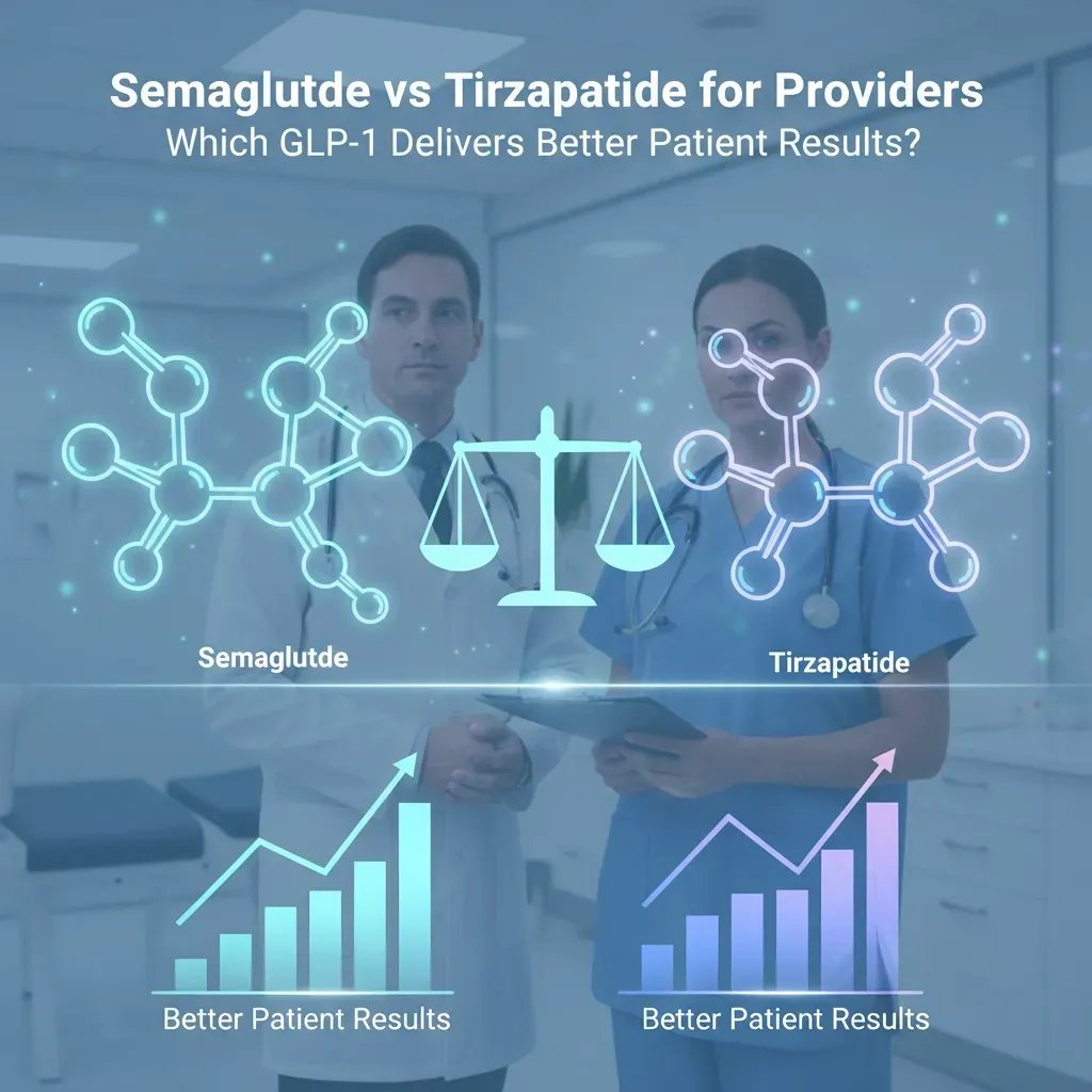 Comparison of Semaglutide vs. Tirzepatide. Doctors flanking molecular structures; scales, with upward trending graphs.