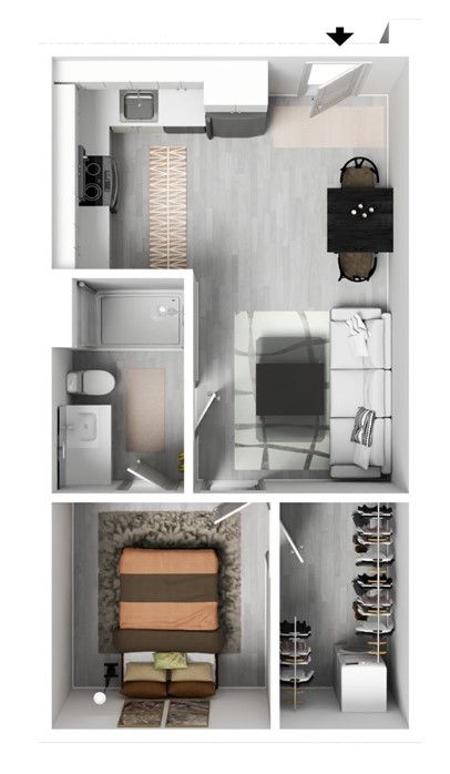 A floor plan of a small apartment with a bedroom , living room , dining room , and bathroom.